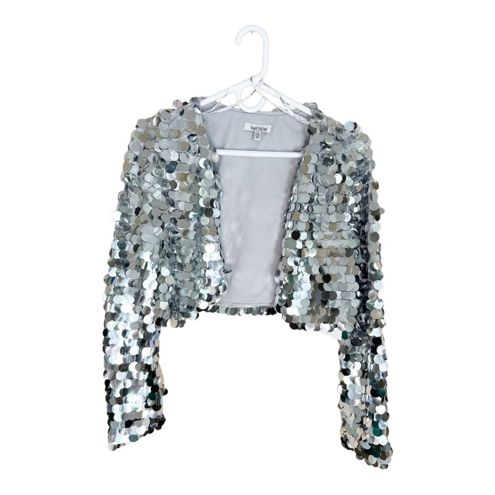 NWT Kensie Womens Sequined Crop Bolero Medium Silver Jacket